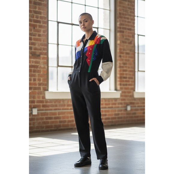 Saint Germain Sport Pants - Vintage Saint Germain Sport Colorblock Studded Jumpsuit Black Multi PF‎ 88441 40